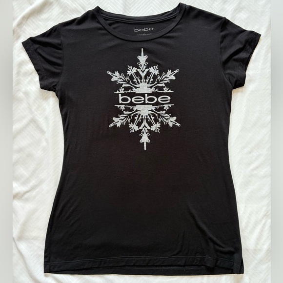 Bebe Women T-Shirt Crew Neck Short Sleeve Glitter Snowflake Logo Black Holiday L - Picture 1 of 7
